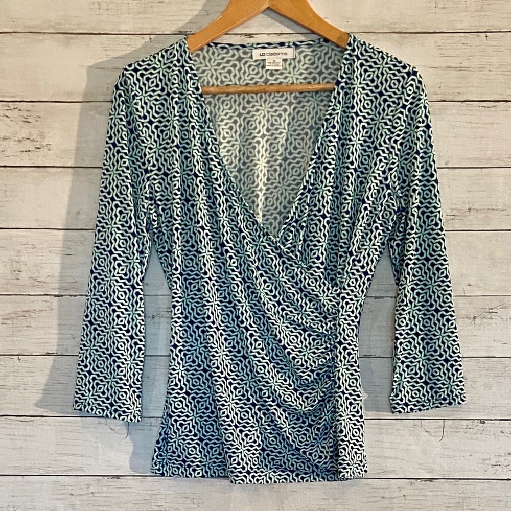 Liz Claiborne 3/4 Length Bright Blue & Green Top